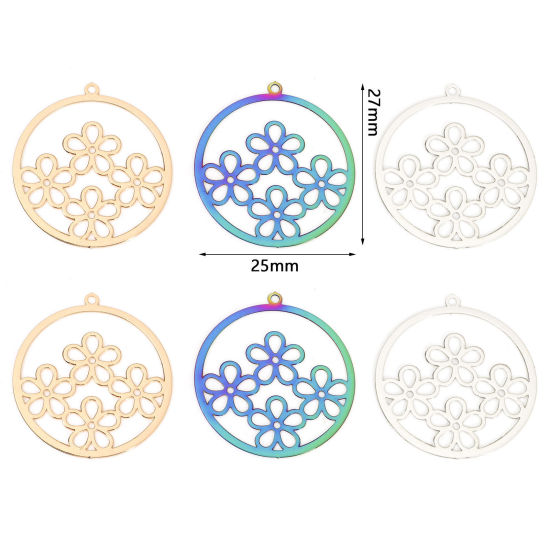 Immagine di Lega di Ferro Filigree Stamping Charms Tondo Multicolore Fiore 27mm x 25mm , 10 Pz