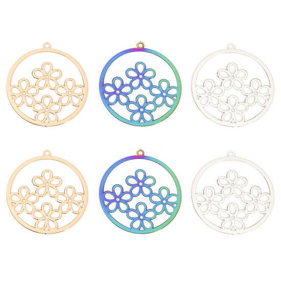 Immagine di Lega di Ferro Filigree Stamping Charms Tondo Multicolore Fiore 27mm x 25mm , 10 Pz