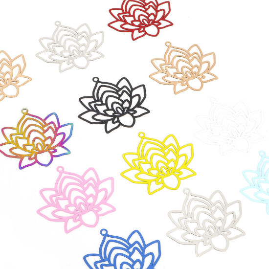Image de Pendentifs Estampage en Filigrane Religieux en Alliage de Fer Fleur de Lotus Multicolore 3.4cm x 3.1cm, 10 Pcs
