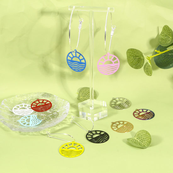 Picture of Iron Based Alloy Filigree Stamping Charms Multicolor Round Sun 29mm x 26mm