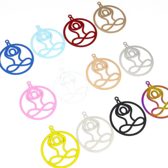 Imagen de Hierro Filigrana Estampación Colgantes Yoga Multicolor Ronda 3.5cm x 3cm, 10 Unidades
