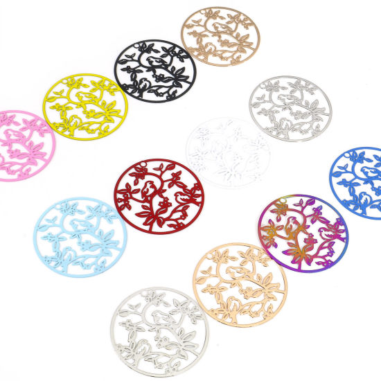 Immagine di Lega di Ferro Filigree Stamping Ciondoli Tondo Multicolore Uccello 3.1cm Dia, 10 Pz