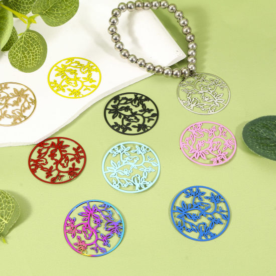Immagine di Lega di Ferro Filigree Stamping Ciondoli Tondo Multicolore Uccello 3.1cm Dia, 10 Pz