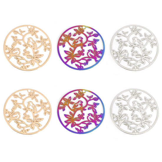 Immagine di Lega di Ferro Filigree Stamping Ciondoli Tondo Multicolore Uccello 3.1cm Dia, 10 Pz