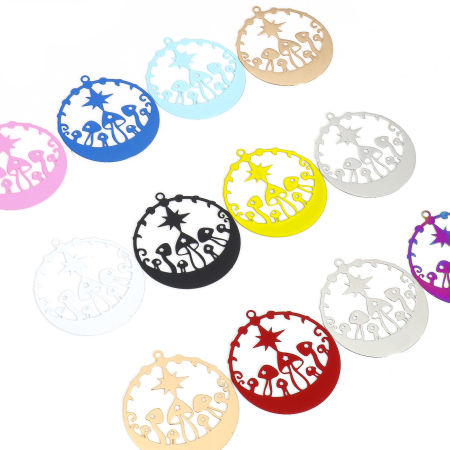 Picture of Iron Based Alloy Filigree Stamping Pendants Multicolor Round Mushroom 3.3cm x 3cm