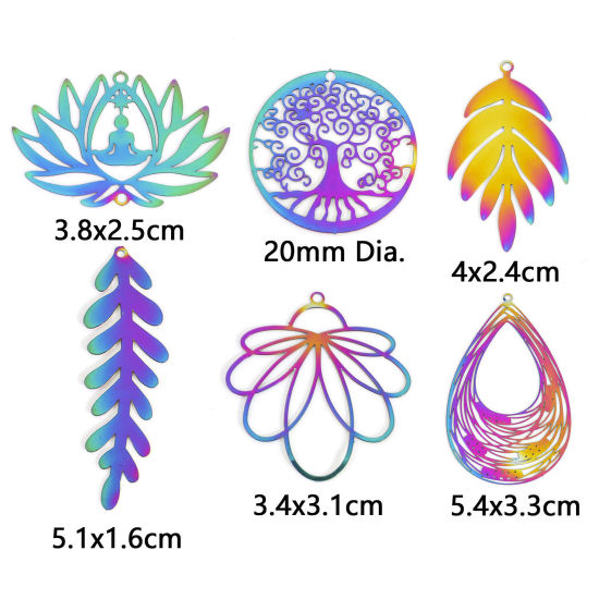 Imagen de Hierro Filigrana Estampación Colgantes Flor de Loto Chapado en Color Arco Iris Flor Hoja 5 Unidades