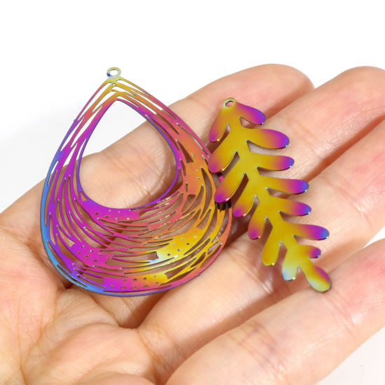 Imagen de Hierro Filigrana Estampación Colgantes Flor de Loto Chapado en Color Arco Iris Flor Hoja 5 Unidades