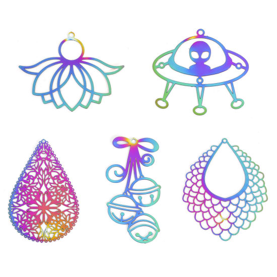 Picture of Iron Based Alloy Filigree Stamping Pendants Rainbow Color Plated Drop Bell