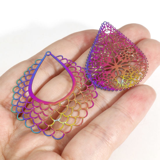Picture of Iron Based Alloy Filigree Stamping Pendants Rainbow Color Plated Drop Bell