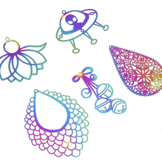 Picture of Iron Based Alloy Filigree Stamping Pendants Rainbow Color Plated Drop Bell