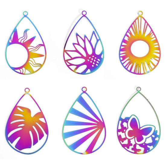 Picture of Iron Based Alloy Filigree Stamping Pendants Rainbow Color Plated Drop Monstera Leaf