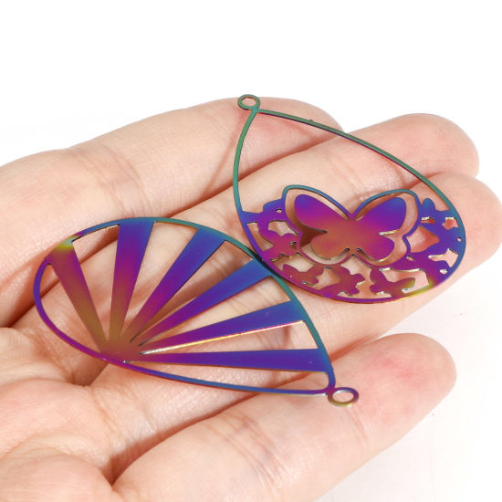 Picture of Iron Based Alloy Filigree Stamping Pendants Rainbow Color Plated Drop Monstera Leaf