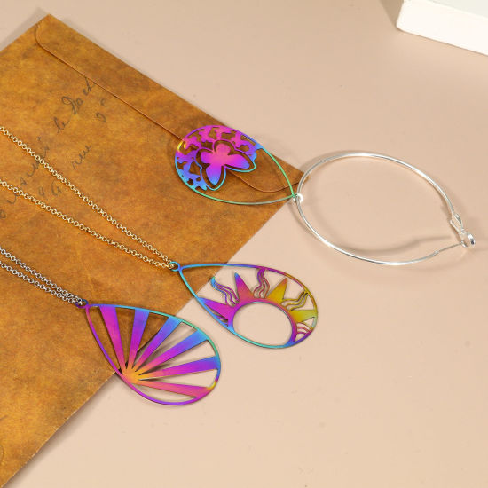 Picture of Iron Based Alloy Filigree Stamping Pendants Rainbow Color Plated Drop Monstera Leaf