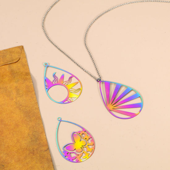 Picture of Iron Based Alloy Filigree Stamping Pendants Rainbow Color Plated Drop Monstera Leaf