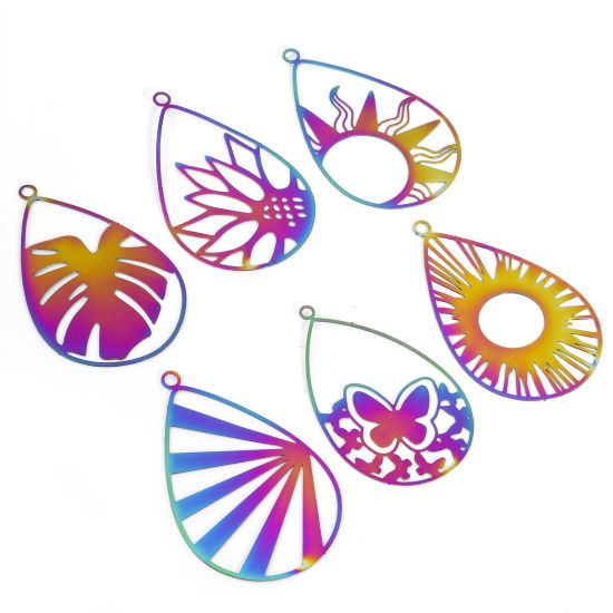 Picture of Iron Based Alloy Filigree Stamping Pendants Rainbow Color Plated Drop Monstera Leaf