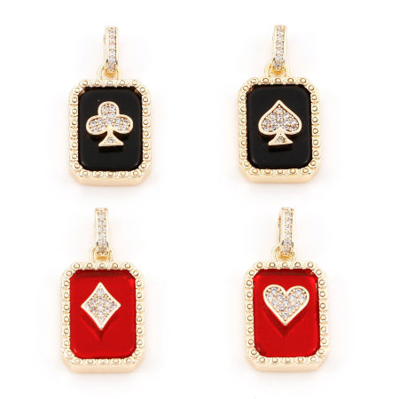 1 Stück Messing Poker/Papierkarte/Spielkarte Charm-Anhänger 18K Echtgold plattiert Achteck Mit Harz Cabochons Klar Zirkonia 26mm x 13mm