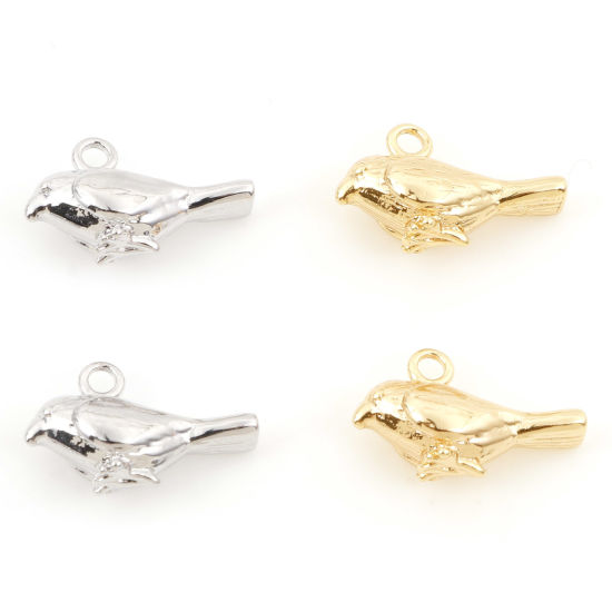 Image de Breloques en Laiton Oiseau Plaqué Or Véritable 3D 13mm x 8mm, 3 Pcs