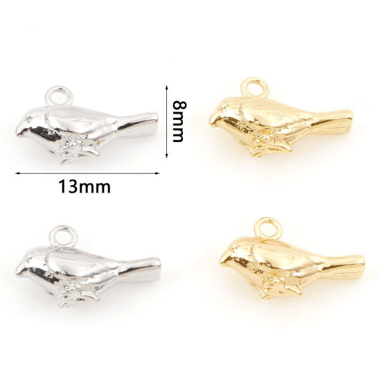 Image de Breloques en Laiton Oiseau Plaqué Or Véritable 3D 13mm x 8mm, 3 Pcs