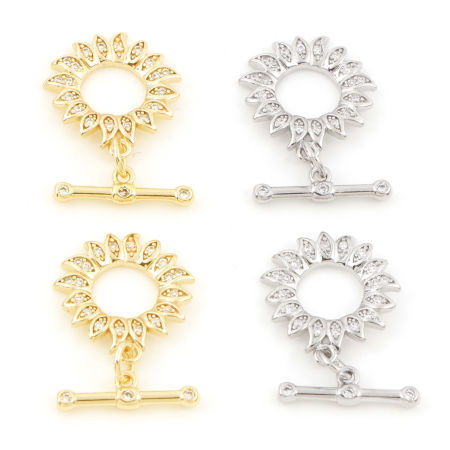 Brass Toggle Clasps Sunflower Real Gold Plated Micro Pave Clear Cubic Zirconia 18mm x 16mm