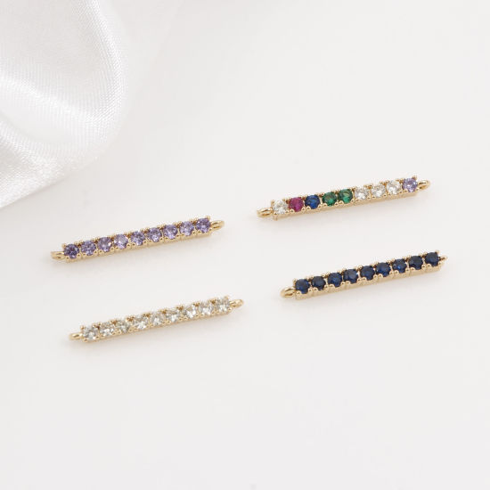 Picture of Brass Connectors Charms Pendants Gold Plated Strip Micro Pave Multicolour Cubic Zirconia 24mm x 2mm                                                                                                                                                           