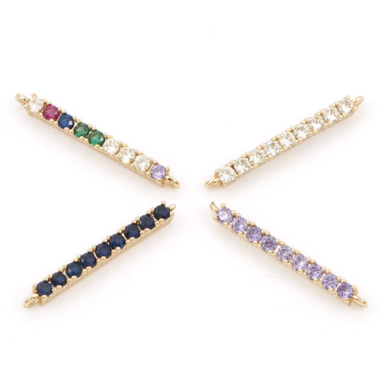 Picture of Brass Connectors Charms Pendants Gold Plated Strip Micro Pave Multicolour Cubic Zirconia 24mm x 2mm                                                                                                                                                           