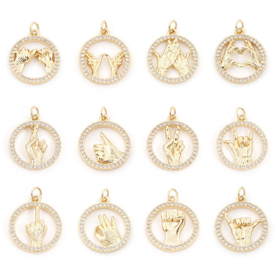 Изображение Латунь Подвески Позолоченный Позолоченный Круглые Жест Бижутерия усыпанная мелким фианит Прозрачный Искусственный Циркон 24мм x 18мм, 1 ШТ