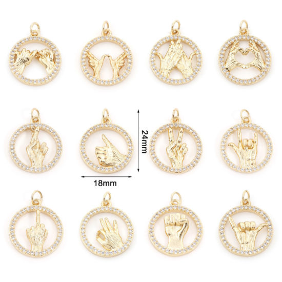 Изображение Латунь Подвески Позолоченный Позолоченный Круглые Жест Бижутерия усыпанная мелким фианит Прозрачный Искусственный Циркон 24мм x 18мм, 1 ШТ