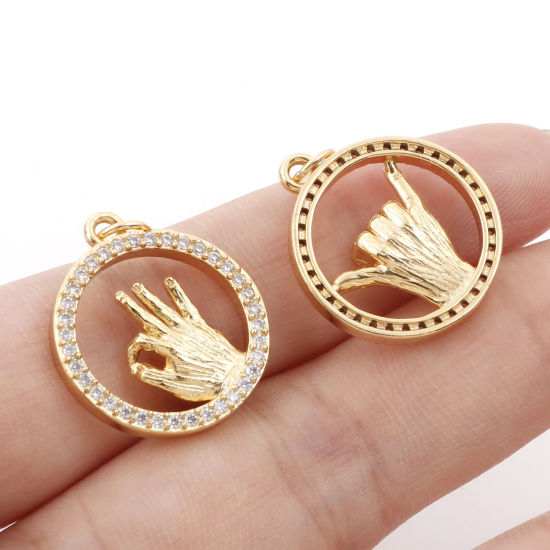 Изображение Латунь Подвески Позолоченный Позолоченный Круглые Жест Бижутерия усыпанная мелким фианит Прозрачный Искусственный Циркон 24мм x 18мм, 1 ШТ