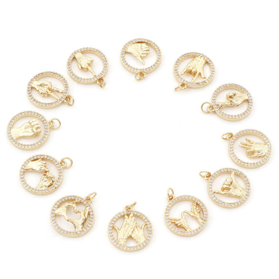 Изображение Латунь Подвески Позолоченный Позолоченный Круглые Жест Бижутерия усыпанная мелким фианит Прозрачный Искусственный Циркон 24мм x 18мм, 1 ШТ