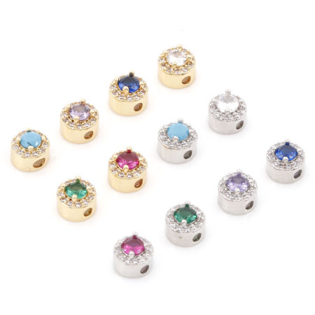 Brass Spacer Beads For DIY Jewelry Making Flat Round Micro Pave Multicolour Cubic Zirconia 7mm Dia.