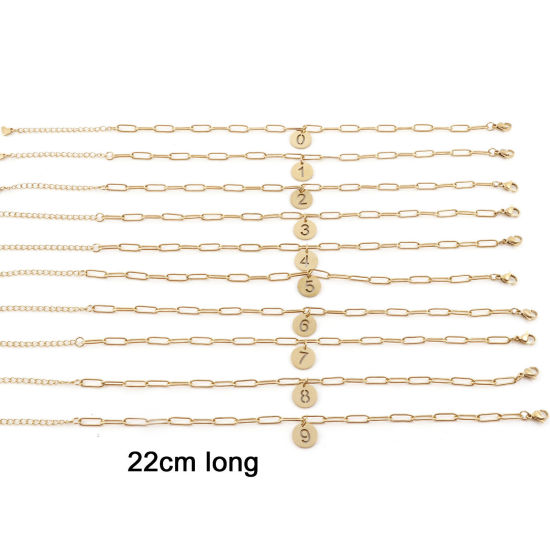Picture of Eco-friendly Vacuum Plating 304 Stainless Steel Simple Paperclip Chain Anklet 18K Gold Plated With Lobster Claw Clasp And Extender Chain Round Number Message " 0-9 " 22cm(8 5/8") long