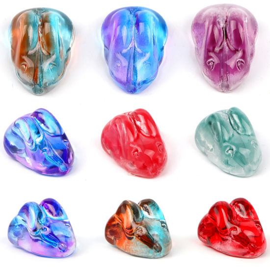 Picture of Lampwork Glass Easter Day Beads For DIY Jewelry Making Rabbit Animal Multicolor Gradient Color About 15mm x 11mm