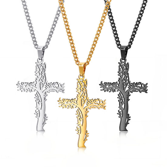 Imagen de Respetuoso del Medio Ambiente 304 Acero Inoxidable Religión Link Curb Chain Collares Multicolor Cruz Árbol de la Vida Hueco 1 Unidad