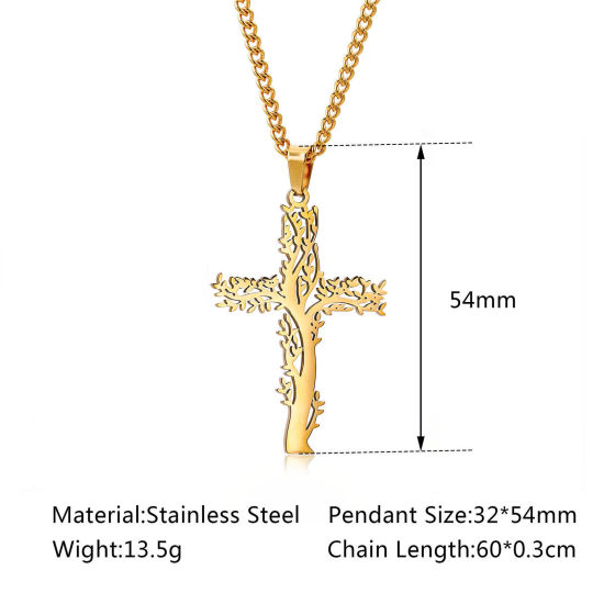 Imagen de Respetuoso del Medio Ambiente 304 Acero Inoxidable Religión Link Curb Chain Collares Multicolor Cruz Árbol de la Vida Hueco 1 Unidad