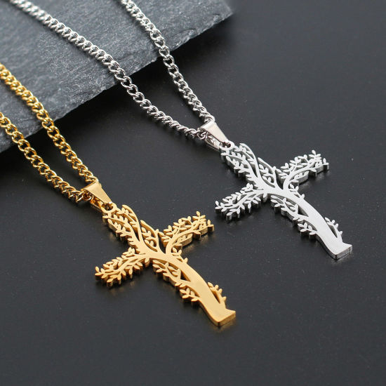 Imagen de Respetuoso del Medio Ambiente 304 Acero Inoxidable Religión Link Curb Chain Collares Multicolor Cruz Árbol de la Vida Hueco 1 Unidad