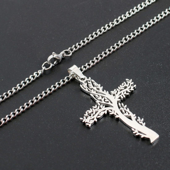Imagen de Respetuoso del Medio Ambiente 304 Acero Inoxidable Religión Link Curb Chain Collares Multicolor Cruz Árbol de la Vida Hueco 1 Unidad