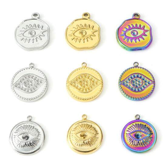 Image de Breloques en 304 Acier Inoxydable Placage Sous Vide Écologique Religieux Rond Multicolore Oeil de la Providence/ Oeil Qui Voit Tout 2 Pcs