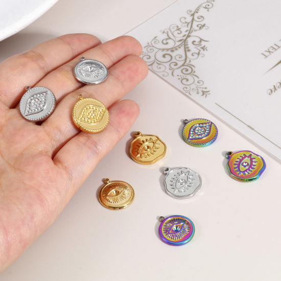 Image de Breloques en 304 Acier Inoxydable Placage Sous Vide Écologique Religieux Rond Multicolore Oeil de la Providence/ Oeil Qui Voit Tout 2 Pcs