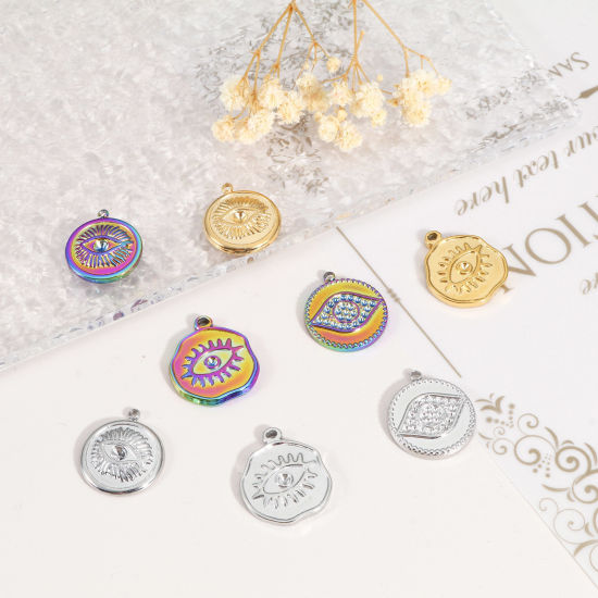 Image de Breloques en 304 Acier Inoxydable Placage Sous Vide Écologique Religieux Rond Multicolore Oeil de la Providence/ Oeil Qui Voit Tout 2 Pcs