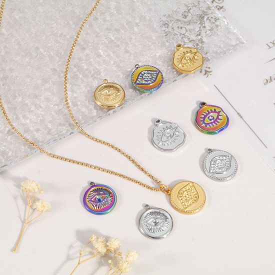 Image de Breloques en 304 Acier Inoxydable Placage Sous Vide Écologique Religieux Rond Multicolore Oeil de la Providence/ Oeil Qui Voit Tout 2 Pcs