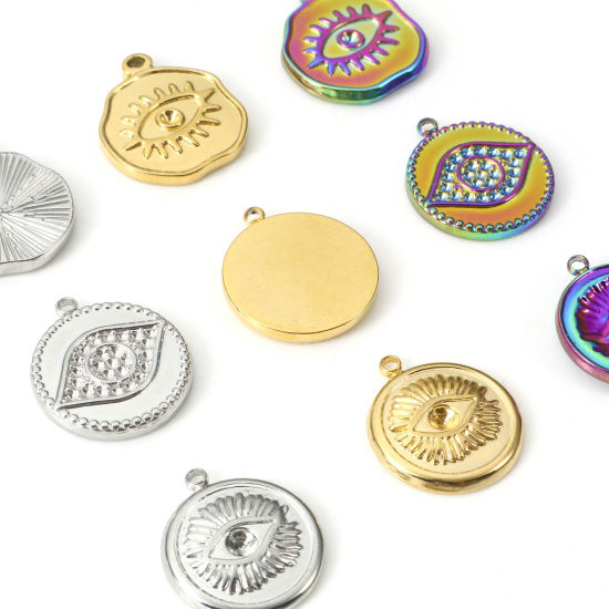 Image de Breloques en 304 Acier Inoxydable Placage Sous Vide Écologique Religieux Rond Multicolore Oeil de la Providence/ Oeil Qui Voit Tout 2 Pcs