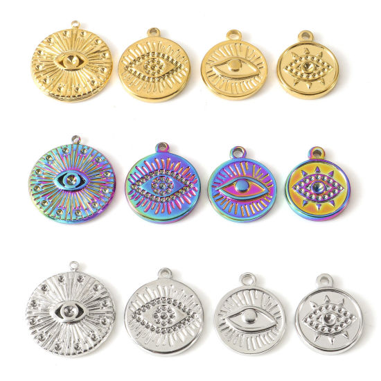 Изображение Экологически чистое вакуумное покрытие 304 Нержавеющая Сталь религия Подвески Круглые Разноцветный Око Провидения / Всевидящее Око 2 ШТ