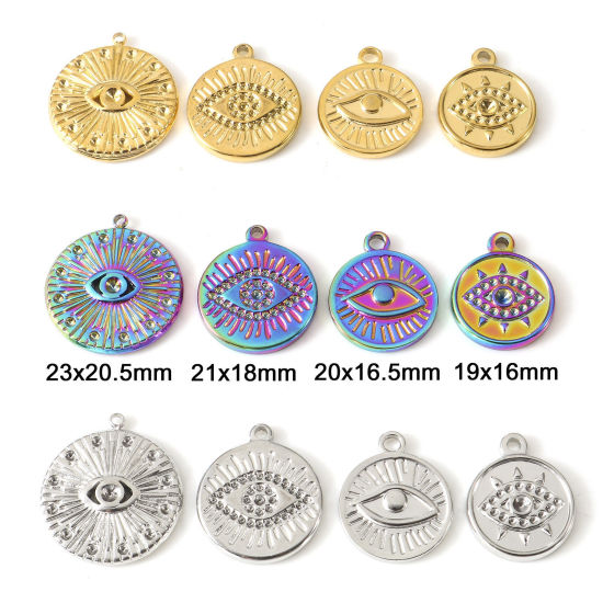 Изображение Экологически чистое вакуумное покрытие 304 Нержавеющая Сталь религия Подвески Круглые Разноцветный Око Провидения / Всевидящее Око 2 ШТ