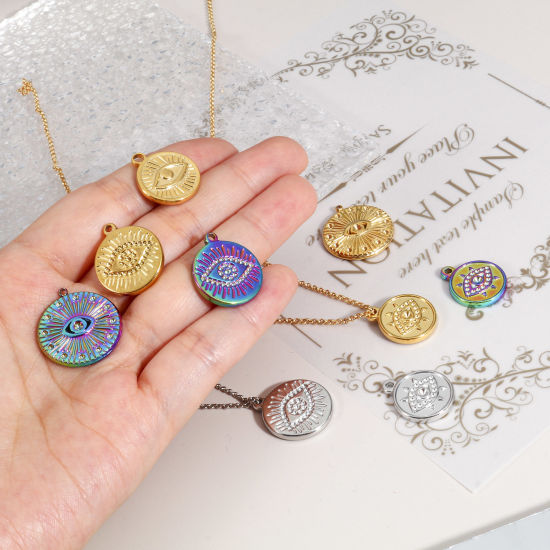 Изображение Экологически чистое вакуумное покрытие 304 Нержавеющая Сталь религия Подвески Круглые Разноцветный Око Провидения / Всевидящее Око 2 ШТ