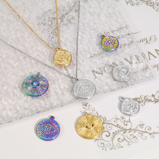 Изображение Экологически чистое вакуумное покрытие 304 Нержавеющая Сталь религия Подвески Круглые Разноцветный Око Провидения / Всевидящее Око 2 ШТ