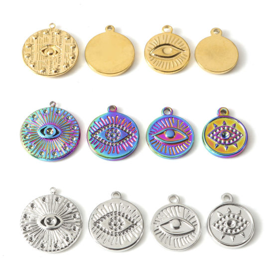 Изображение Экологически чистое вакуумное покрытие 304 Нержавеющая Сталь религия Подвески Круглые Разноцветный Око Провидения / Всевидящее Око 2 ШТ