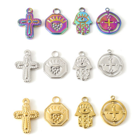 Breloques en 304 Acier Inoxydable Placage Sous Vide Écologique Religieux Croix Multicolore Khamsa Symbole Paume 2 Pcs