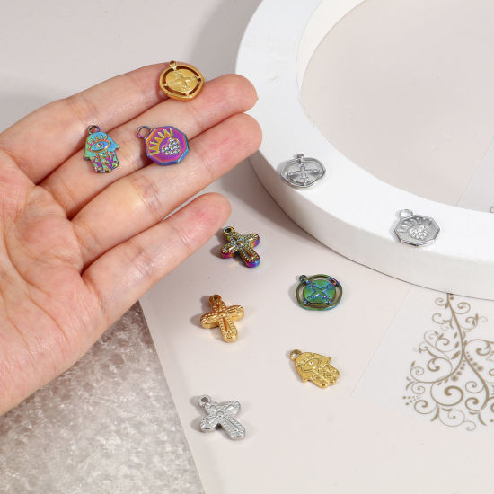 Bild von Umweltfreundliche Vakuumbeschichtung 304 Edelstahl Religiös Charms Kreuz Bunt Hamsa Symbol Hand 2 Stück