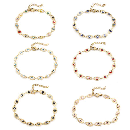 Экологически чистое вакуумное покрытие 304 Нержавеющая Сталь религия Цепь ручной работы Браслеты 18K Позолоченный Разноцветный Злой Глаз С Эмалью 17.5см Длина, 1 ШТ