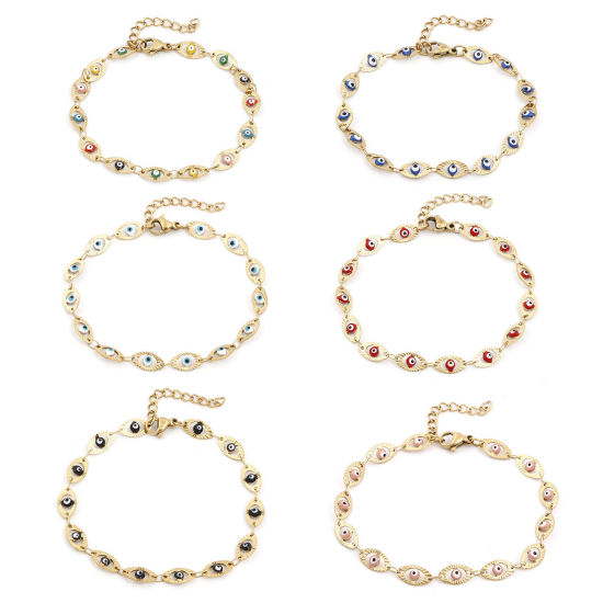 Immagine di Placcatura Sottovuoto Ecologica 304 Acciaio Inossidabile Religione Catena a Maglia Fatta a Mano Braccialetti 18K Oro Placcato Multicolore Malocchio Smalto 17.5cm Lunghezza, 1 Pz